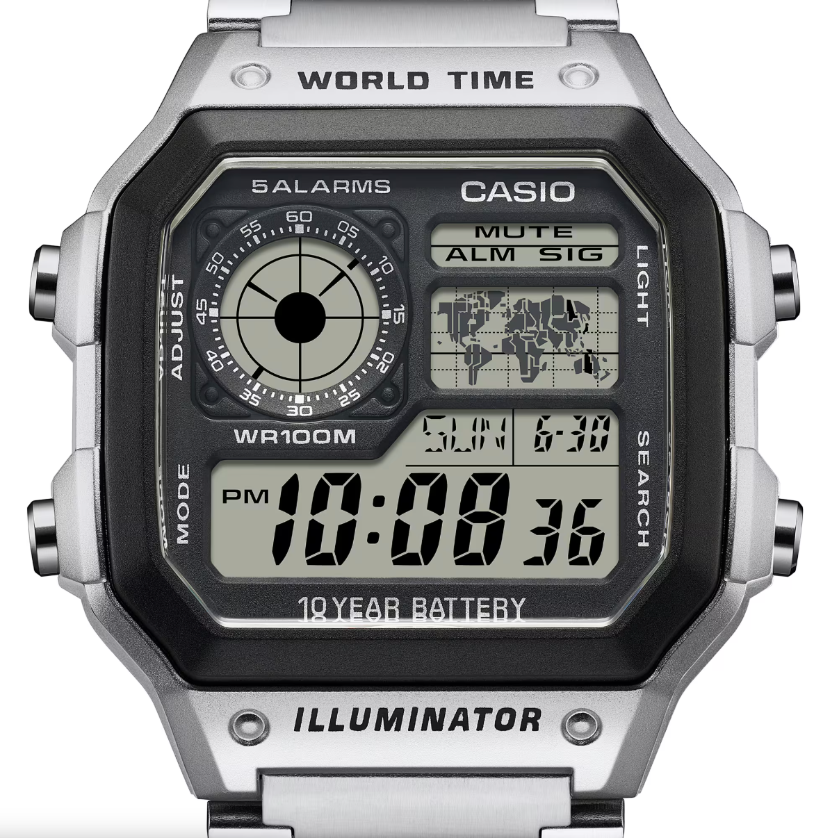 Casio Watch Digital World Time Illuminator Silver