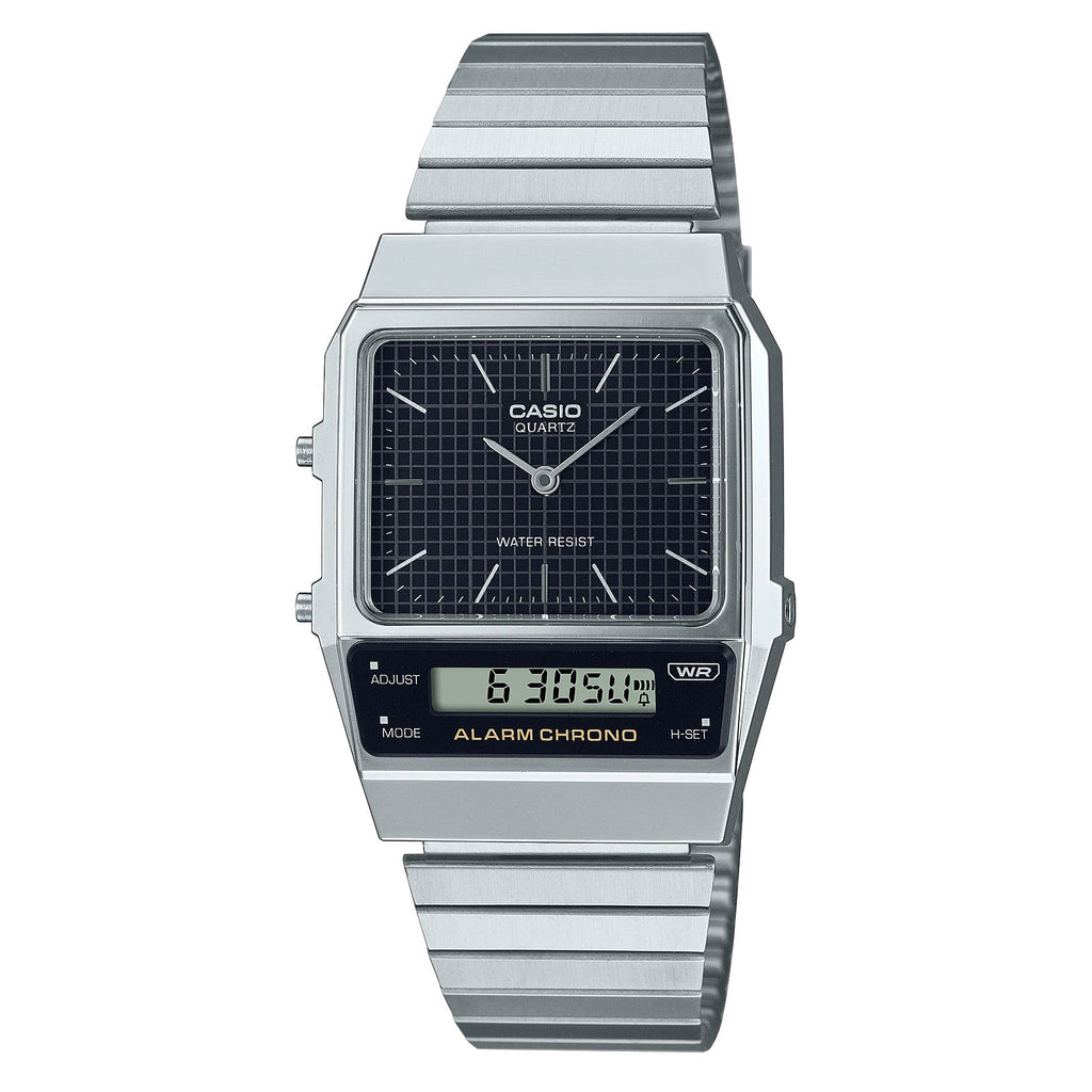 Casio Watch Vintage Dual Time Black Steel Flat Link