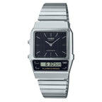 Casio Watch Vintage Dual Time Black Steel Flat Link