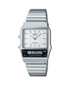 Casio Watch Vintage White Dual Time Steel Flat Link