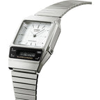 Casio Watch Vintage White Dual Time Steel Flat Link