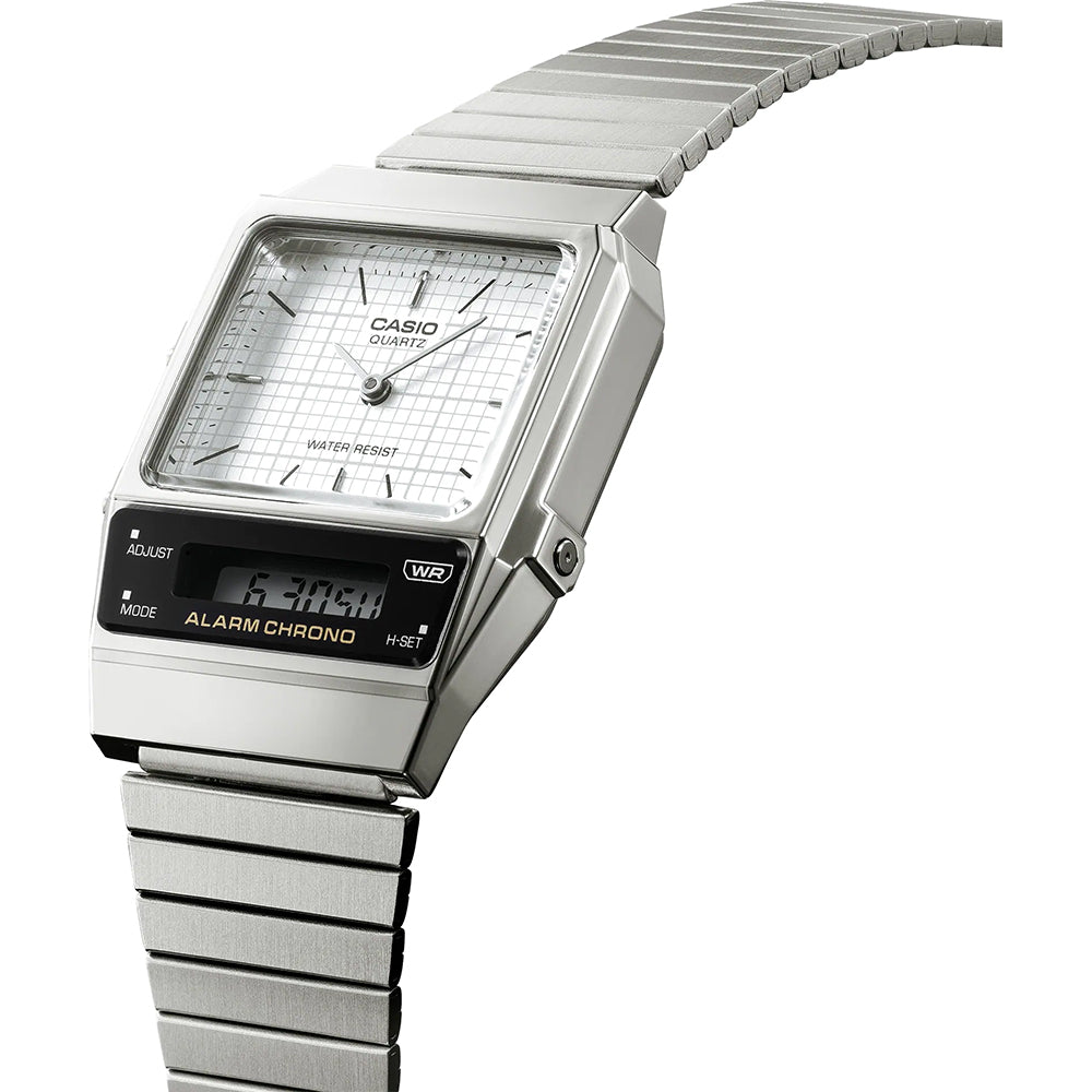 Casio Watch Vintage White Dual Time Steel Flat Link