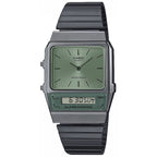 Casio Watch Vintage IP Grey Dual Time Steel Green Dial