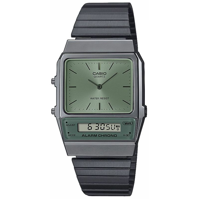 Casio Watch Vintage IP Grey Dual Time Steel Green Dial