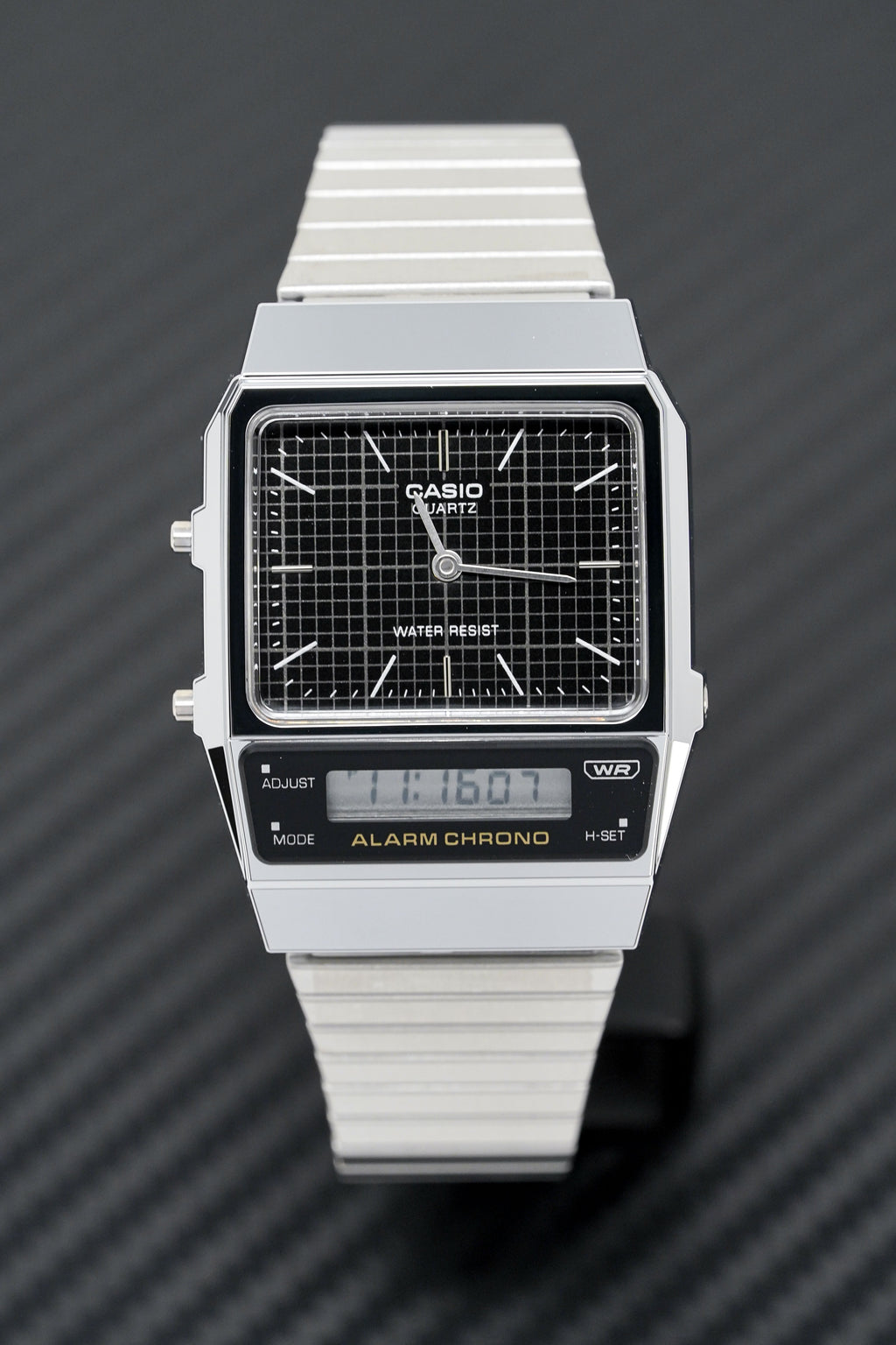 Casio Watch Vintage Dual Time Black Steel Flat Link