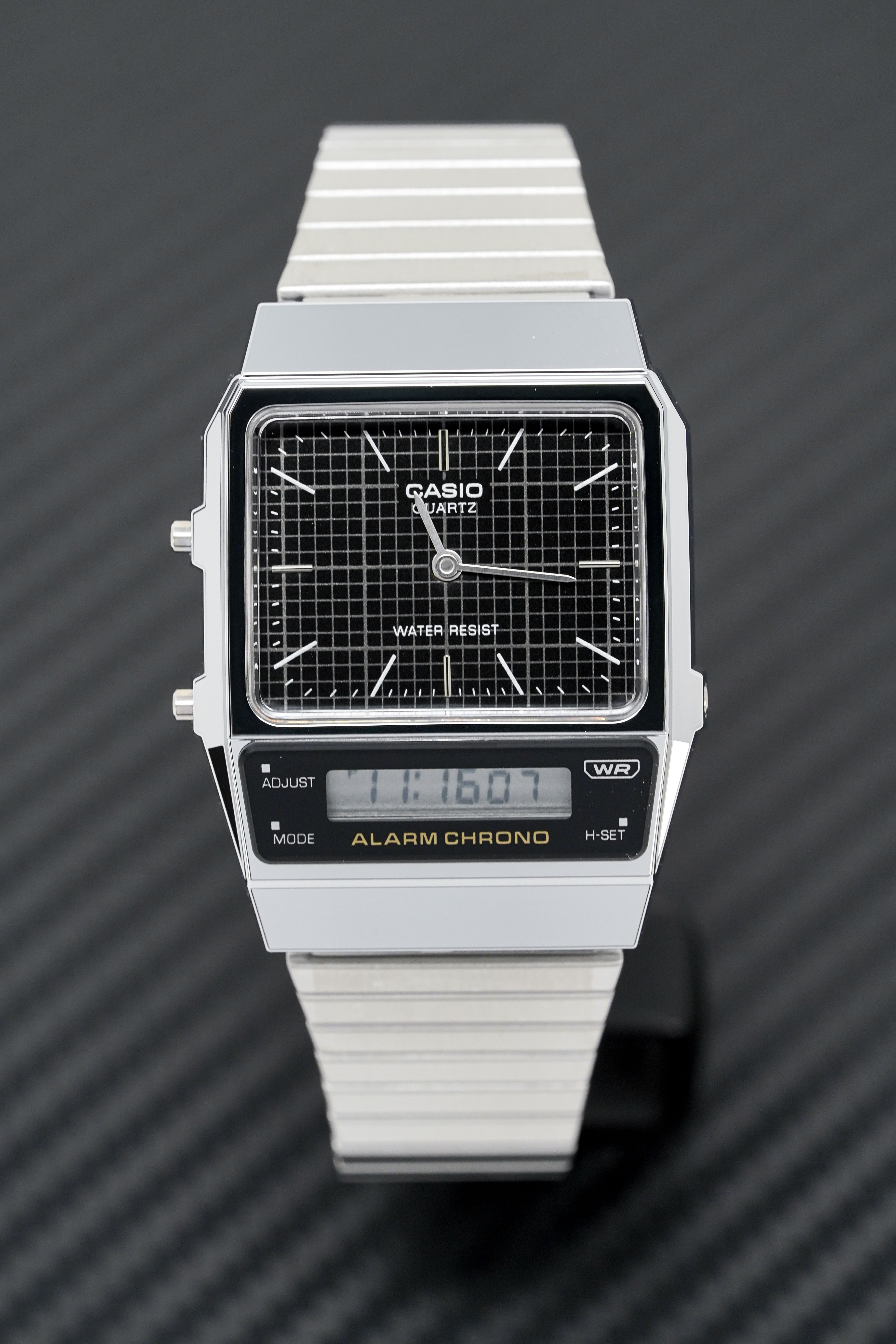 Casio Watch Vintage Dual Time Black Steel Flat Link