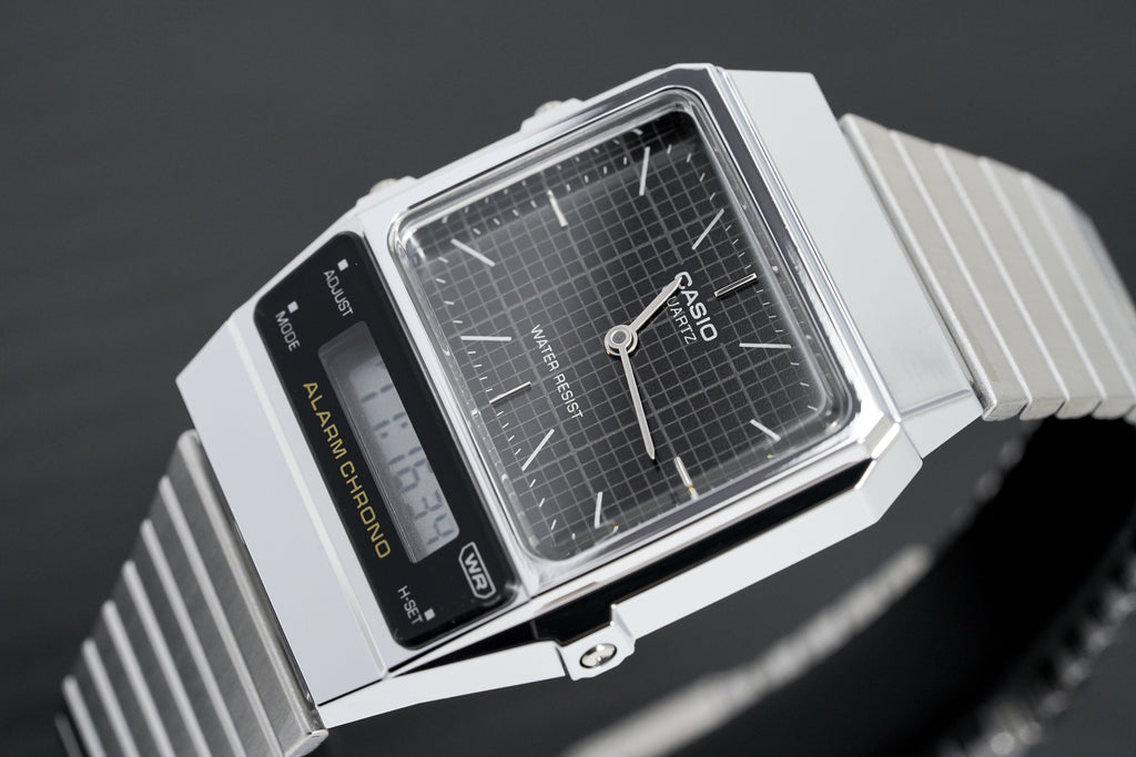 Casio Watch Vintage Dual Time Black Steel Flat Link