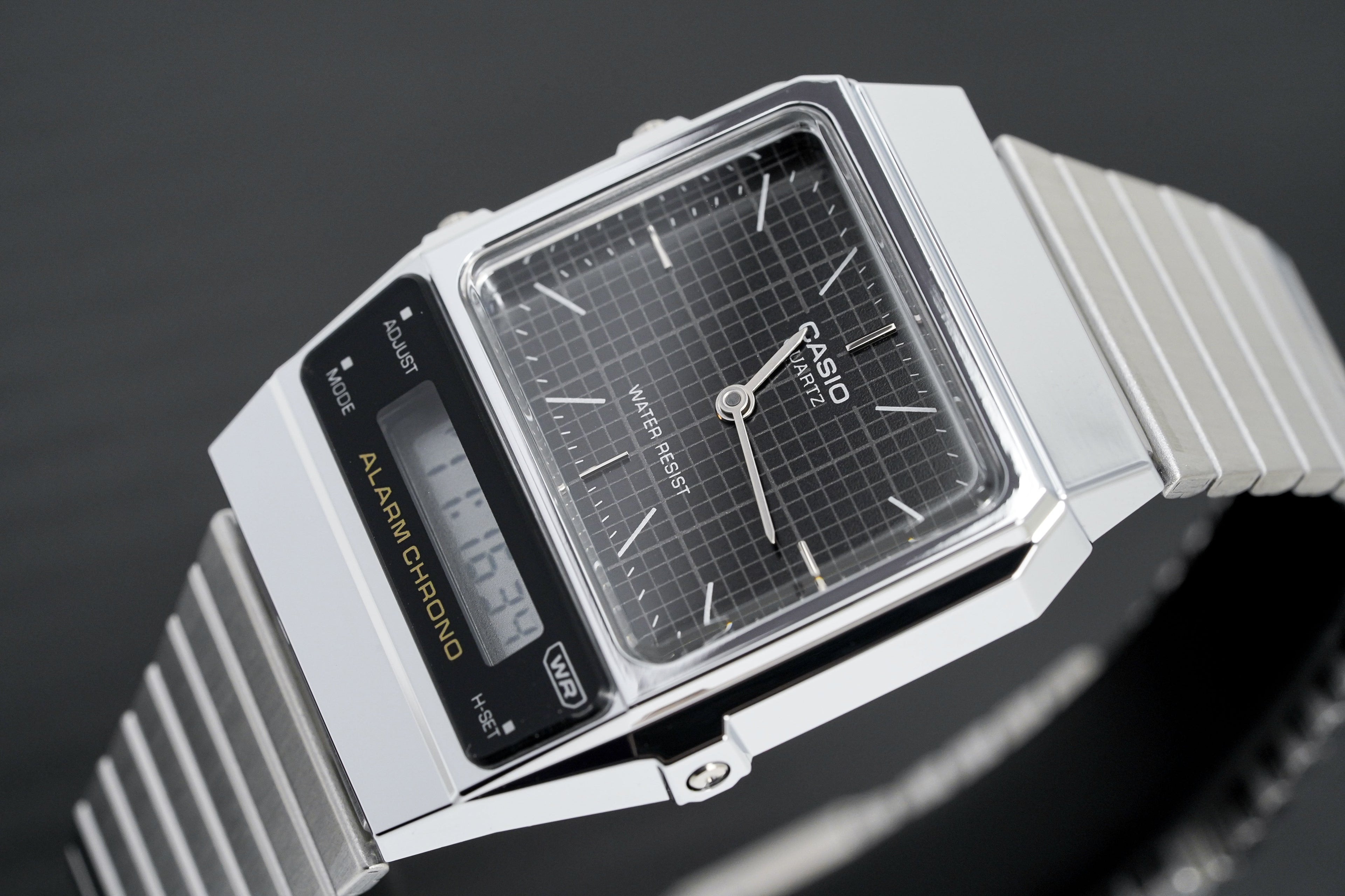 Casio Watch Vintage Dual Time Black Steel Flat Link
