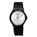 A Casio watch with a black resin strap and a silver dial with gold hands and baton hour indexes.