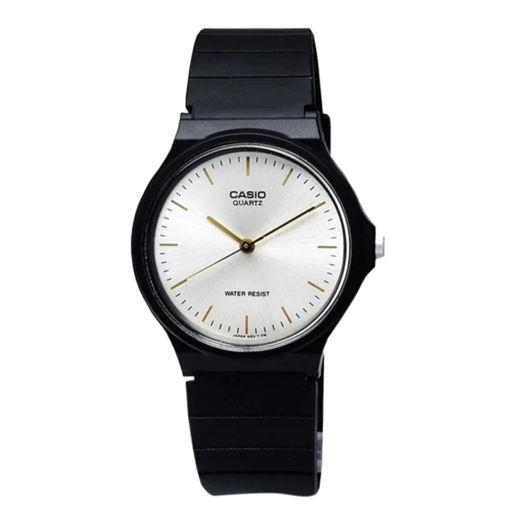A Casio watch with a black resin strap and a silver dial with gold hands and baton hour indexes.