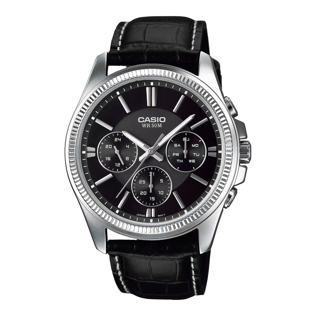 Casio Chrono Men's Black Leather Analogue Watch
