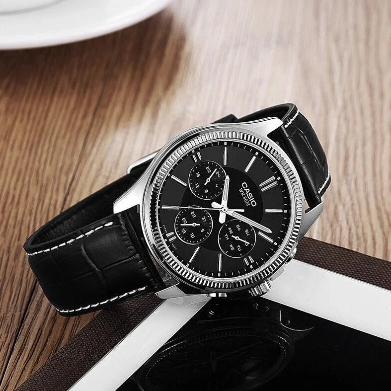 Casio Chrono Men's Black Leather Analogue Watch