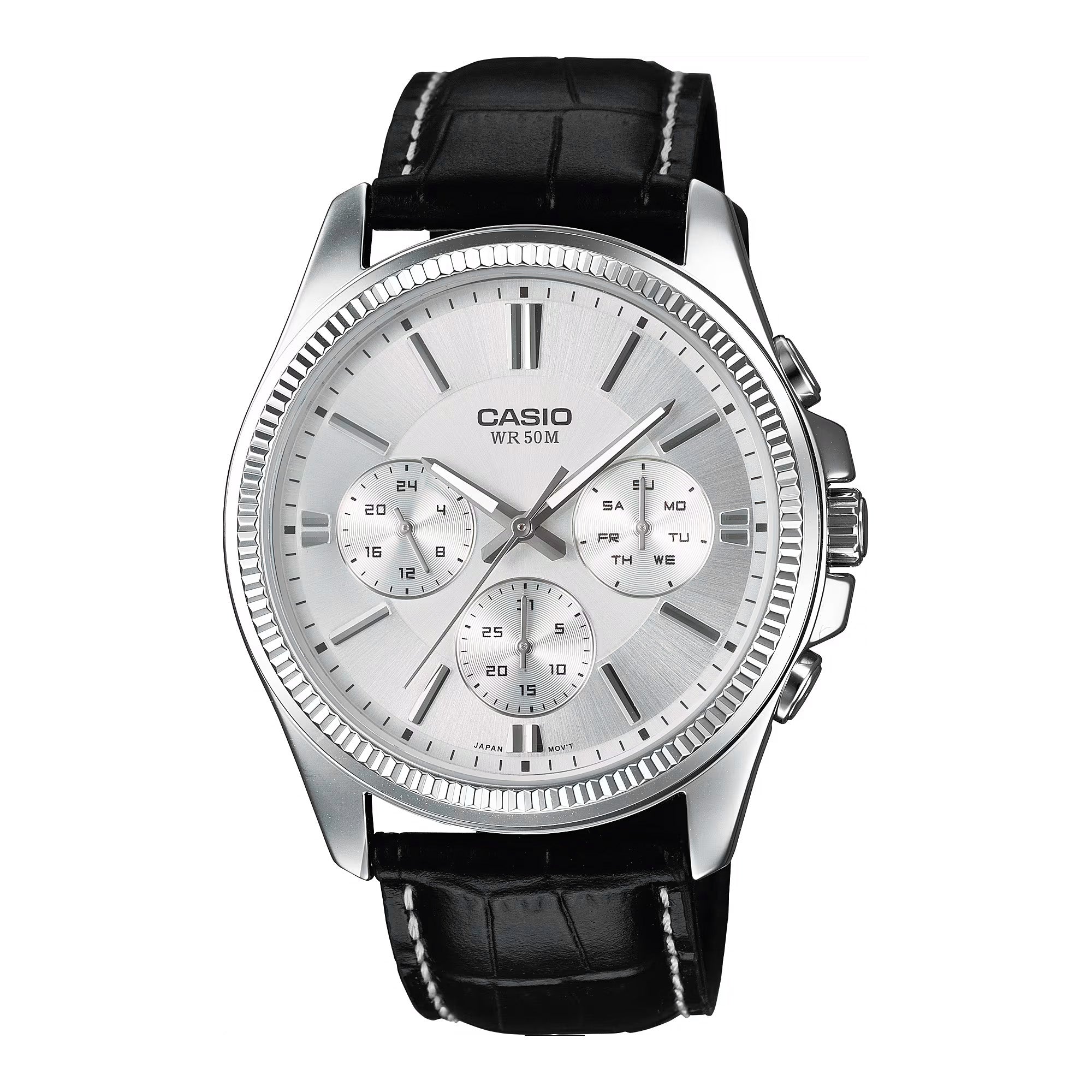 Casio Chrono Men's Silver Leather Analogue Watch