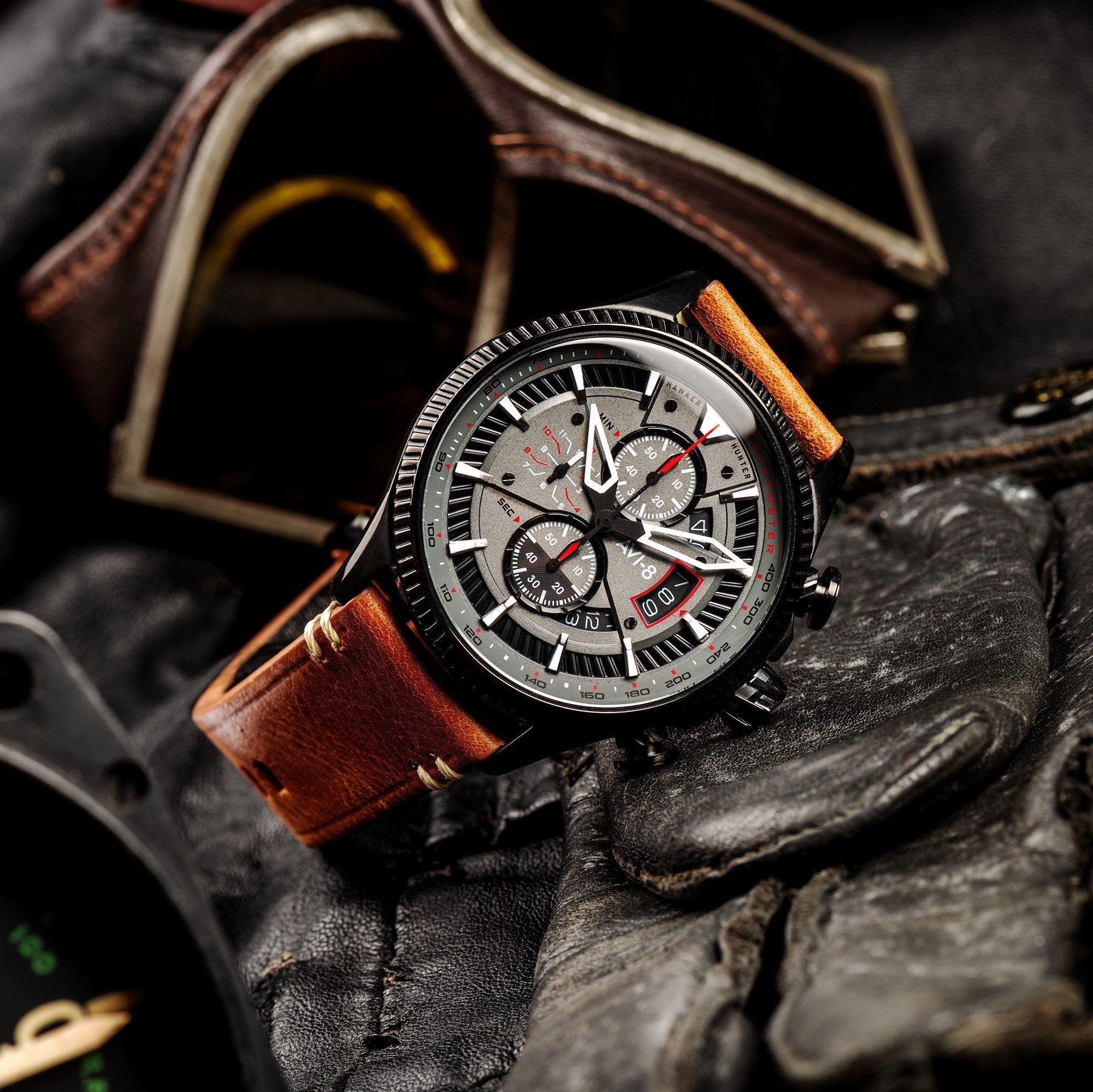 Chronograph Watch - AVI-8 Scarlet Black Brown Hawker Hunter Chronograph Watch AV-4064-03