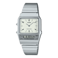 Casio Watch Vintage White Grey Dual Time Steel Flat Link