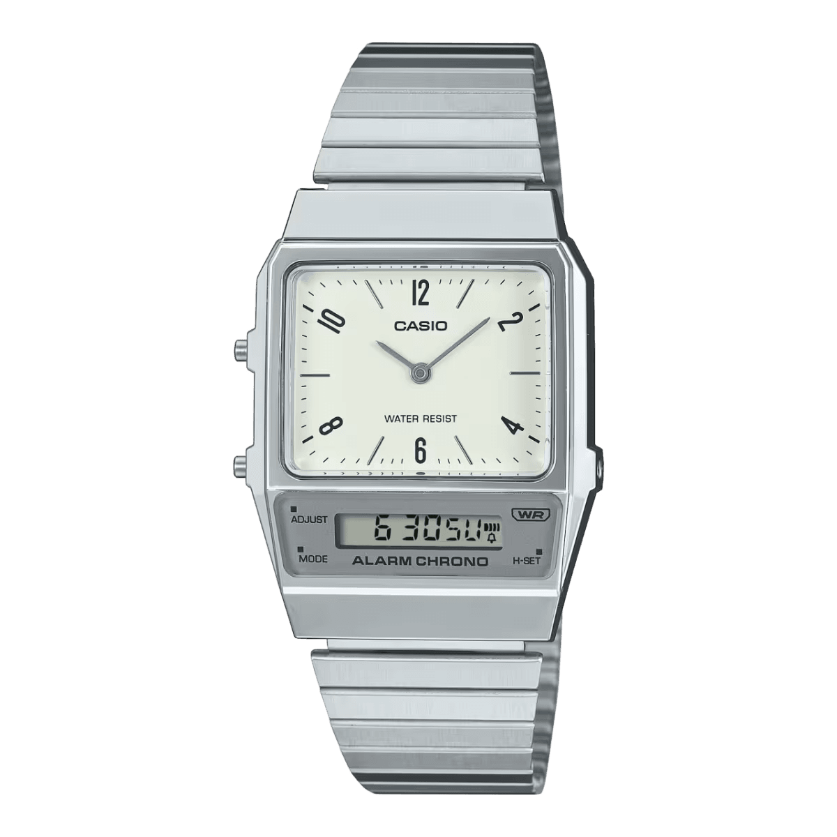Casio Watch Vintage White Grey Dual Time Steel Flat Link