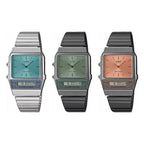 Casio Watch Vintage IP Grey Dual Time Steel Green Dial