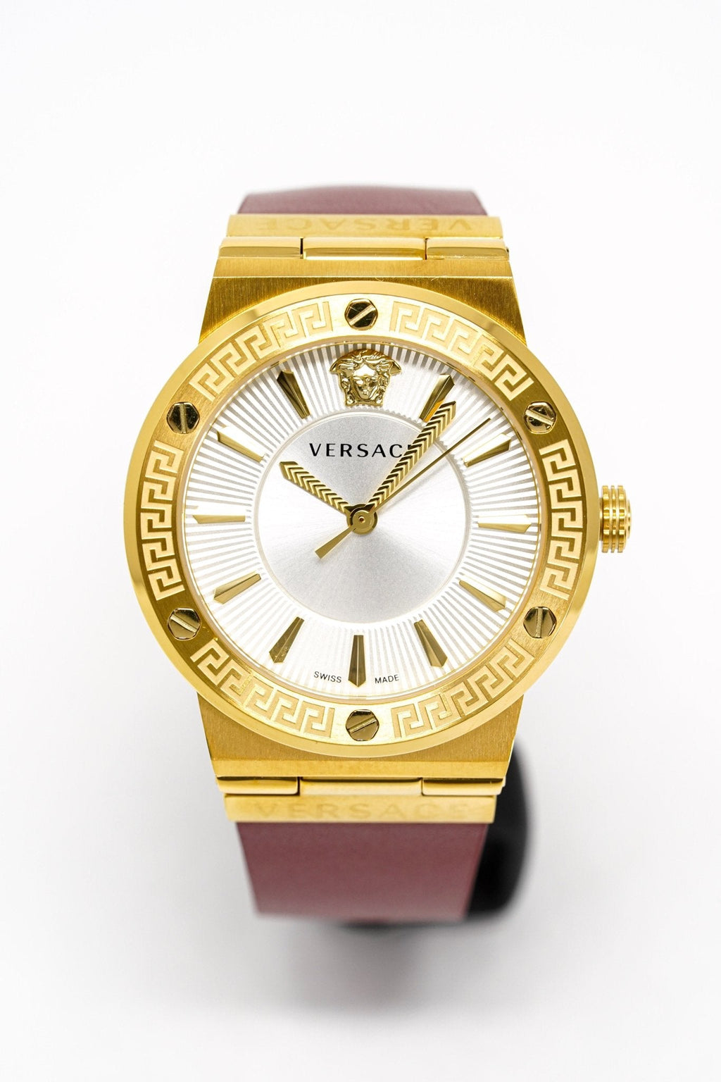 Versace Ladies Watch Greca Logo Gold Red Leather VEVH00420 - WatchPilot