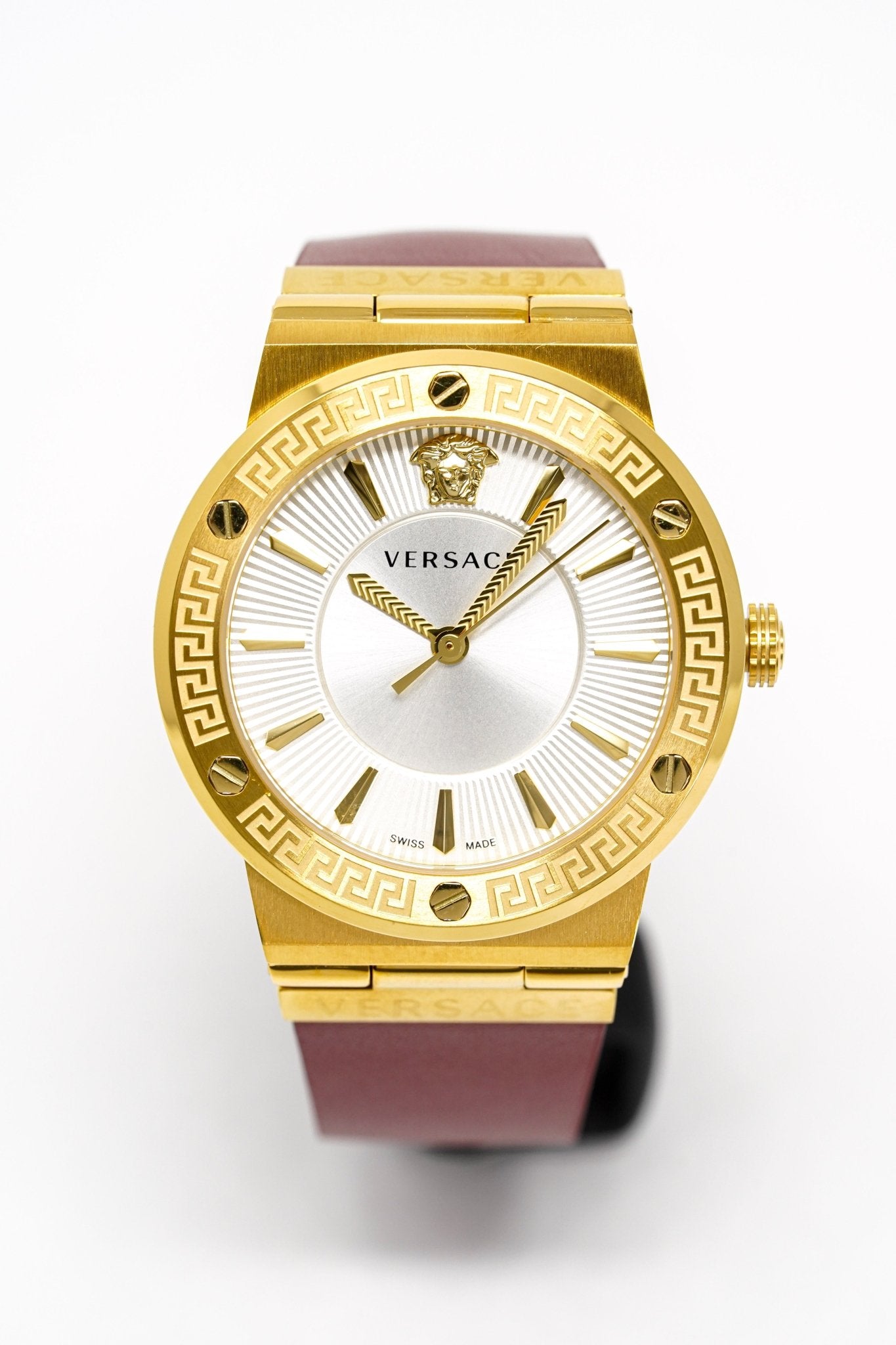 Versace Ladies Watch Greca Logo Gold Red Leather VEVH00420 - WatchPilot