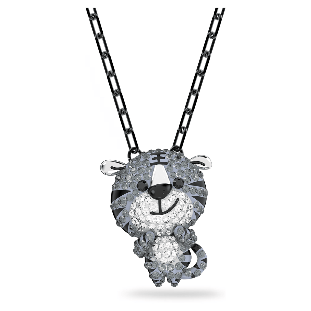 Swarovski Zodiac Tiger Pendant Necklace Grey Ruthenium Plated